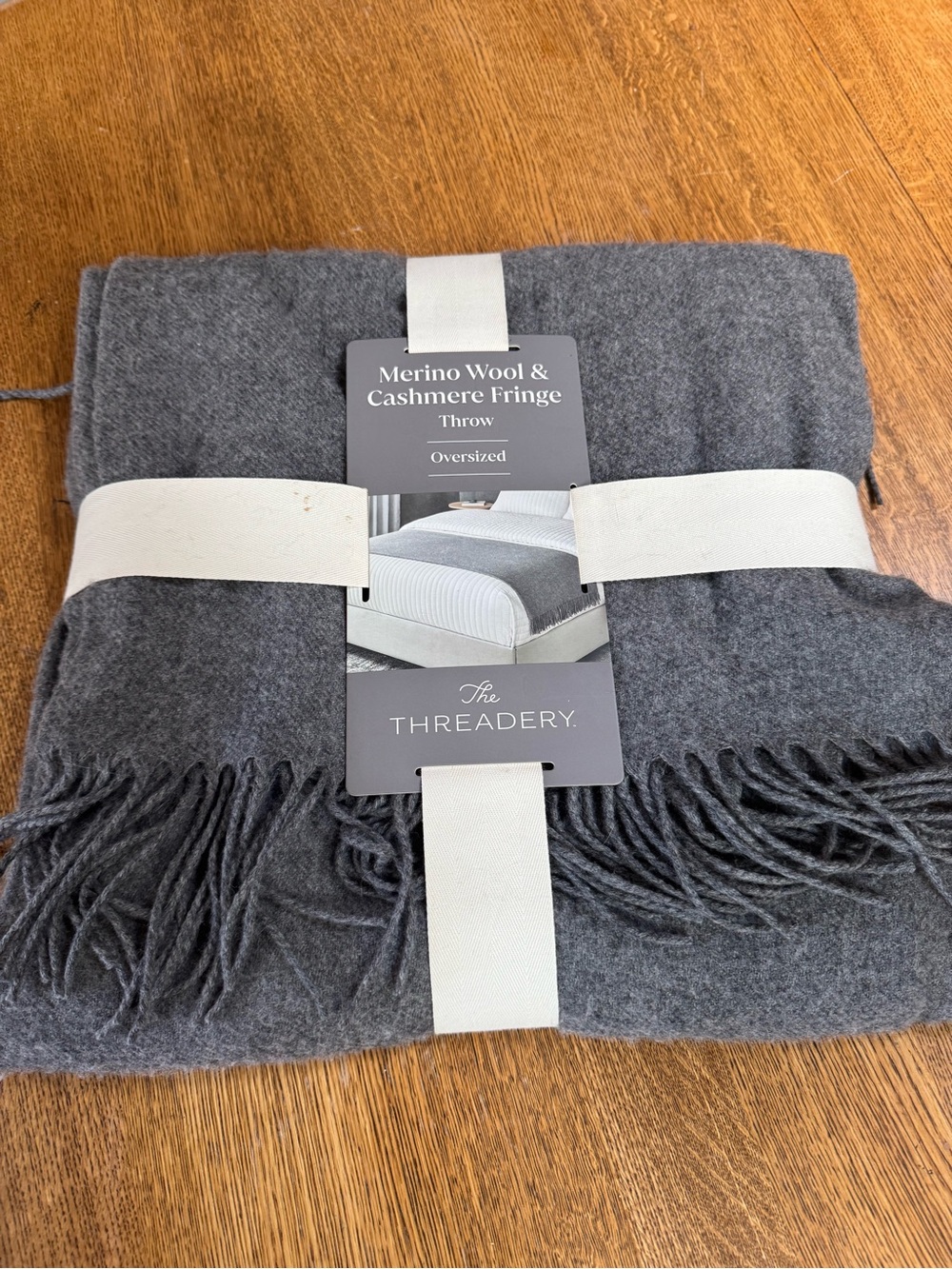 The Threadery Merino Wool & Cashmere Fringe Throw - Gray. 50’ x 70”